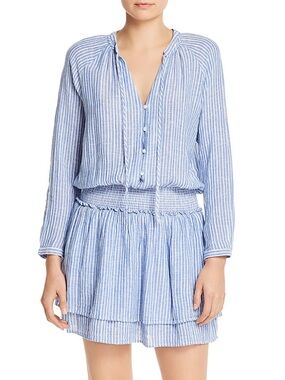 Rails Jasmine Linen Smocked Mini Dress Parisian Blue Stripe Size M Boho Tiered